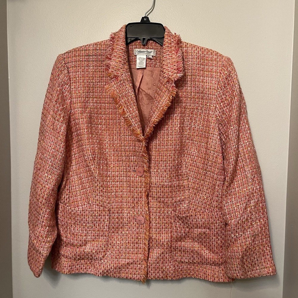 Coldwater Creek Tweed Pink Rainbow Tapestry Button Blazer Jacket Sz 14 Large EUC